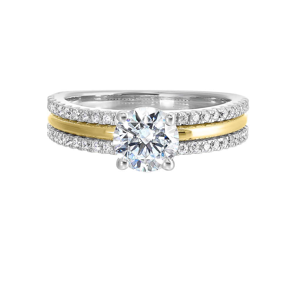 Divided into three distinct rows,  this magnificient wide band solitare ring mixes with ease. The broad shank features a central row of metal with adjacent rows of diamonds.