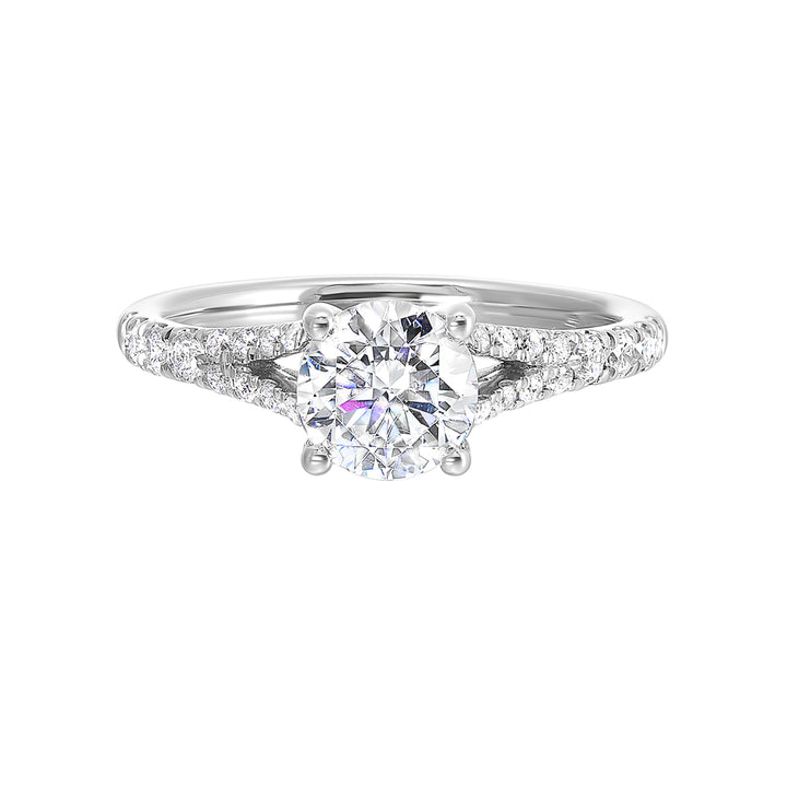 Double the sparkle with pave split shank engagement ring featuring solitare diamond center.