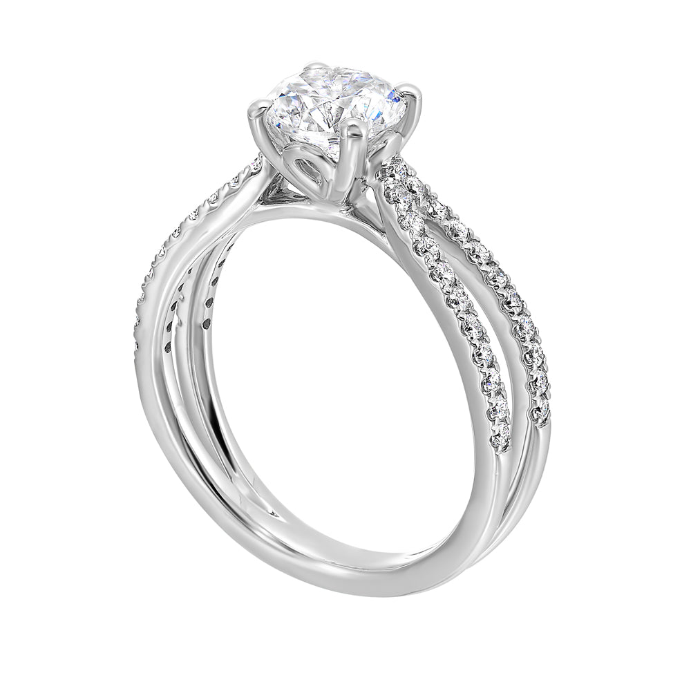 Criss cross bands of diamonds cross in a perfect X that highlights the center solitaire diamond is sure to highlight her style.