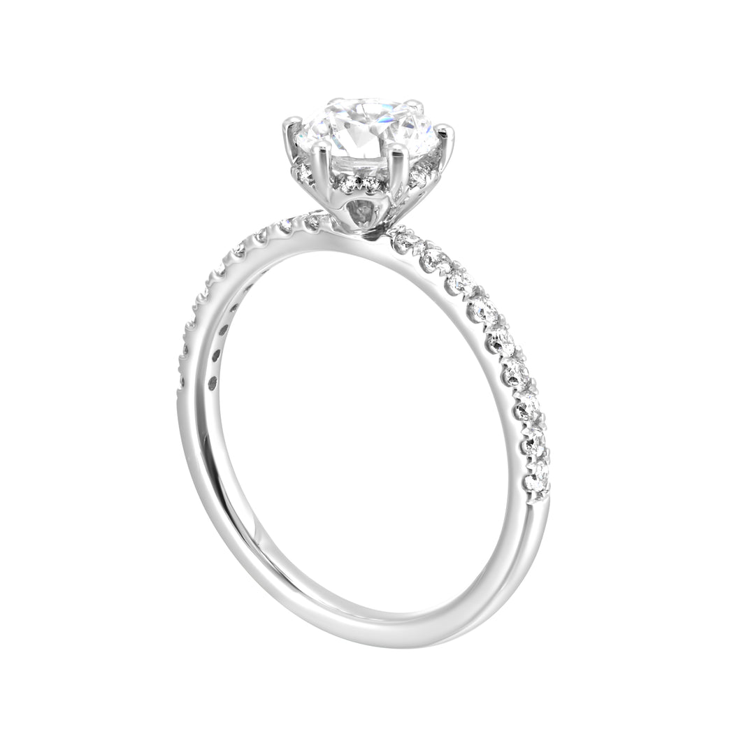 Timeless and elegant, this diamond engagement ring is a classic look she will adore, with a add on of 6 prong solitare in center.