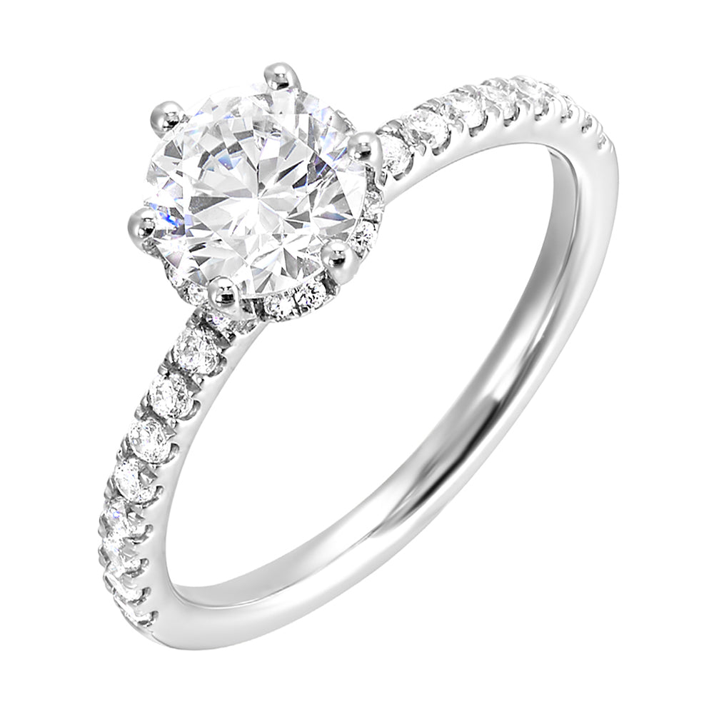 Timeless and elegant, this diamond engagement ring is a classic look she will adore, with a add on of 6 prong solitare in center.
