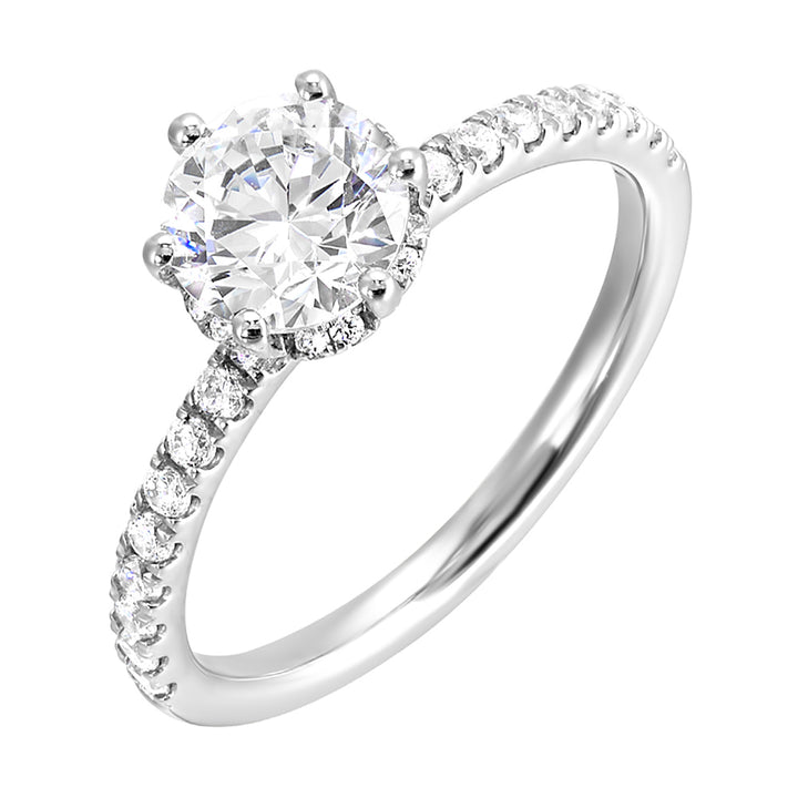 Timeless and elegant, this diamond engagement ring is a classic look she will adore, with a add on of 6 prong solitare in center.