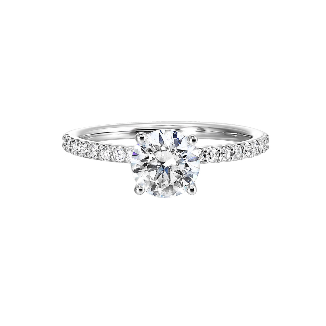 This solitaire ring boasts a dazzling micro pave on shank,  offering sparkle to this delicate design offers timeless look.