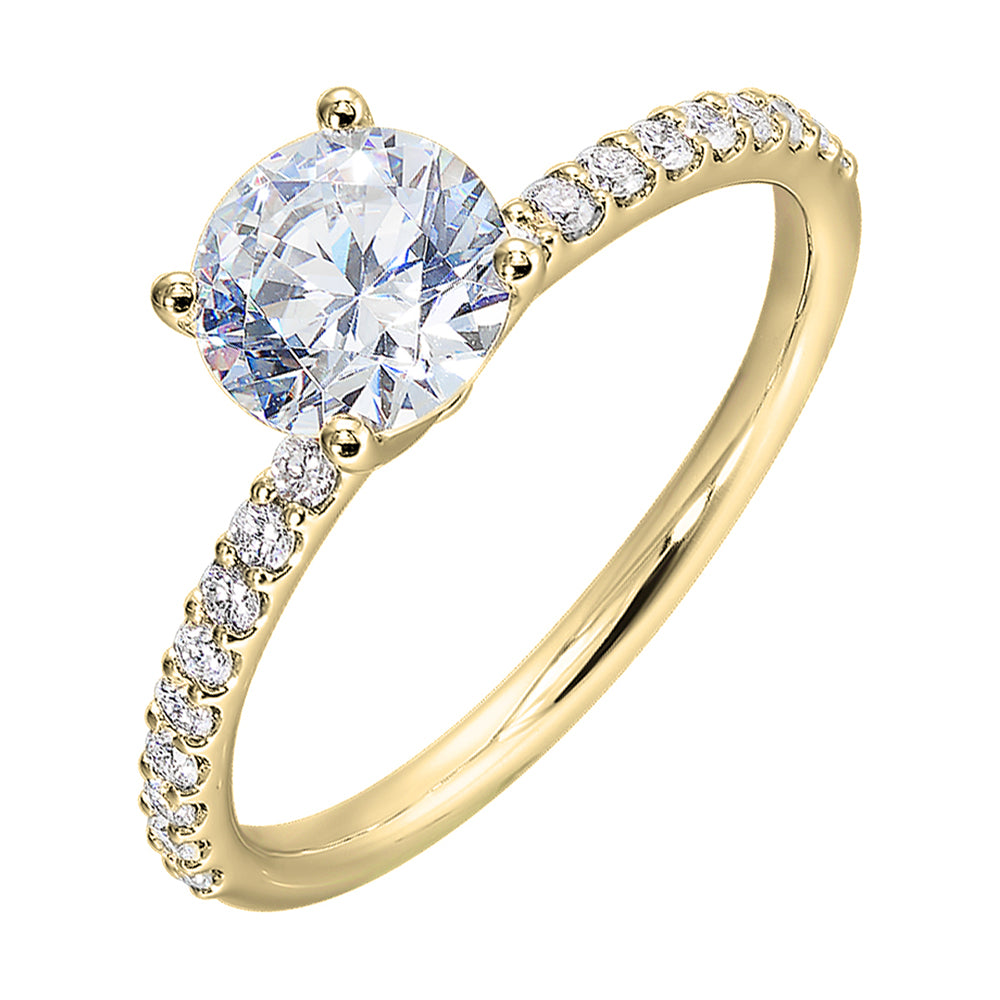 This solitaire ring boasts a dazzling micro pave on shank, offering sparkle to this delicate design offers timeless look.