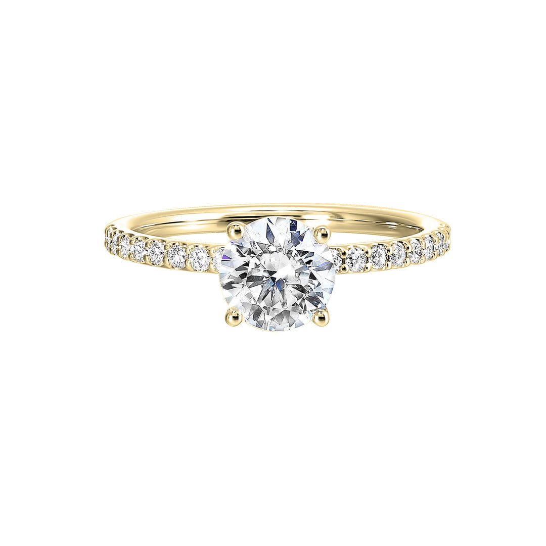 This solitaire ring boasts a dazzling micro pave on shank, offering sparkle to this delicate design offers timeless look.