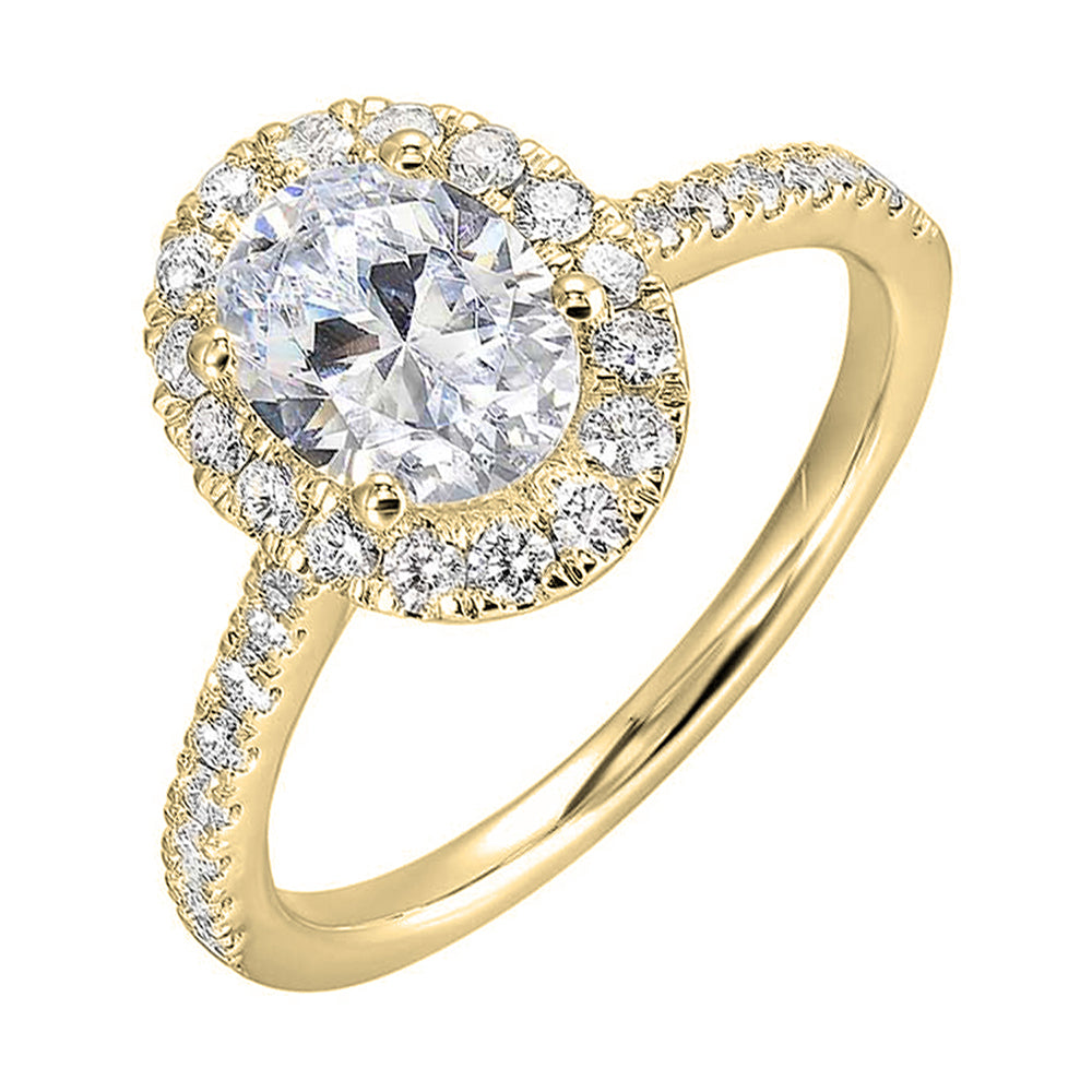 Oval solitaire halo ring with sleek diamond studded shank, this design offers a romantic look for your special moments.