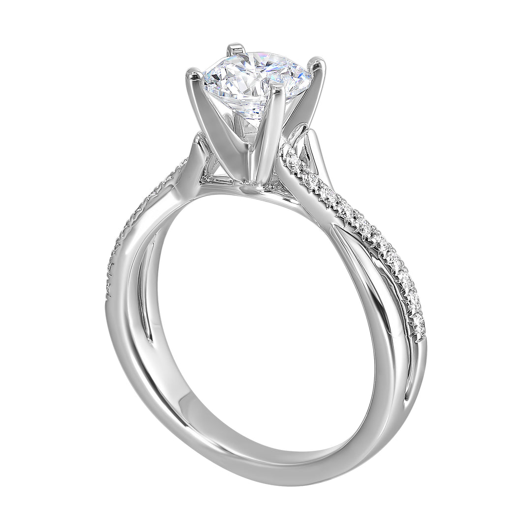 Criss cross ring symbolizing the union of two souls highlighting the gorgeous center solitare and play of diamonds is sure to impress her.