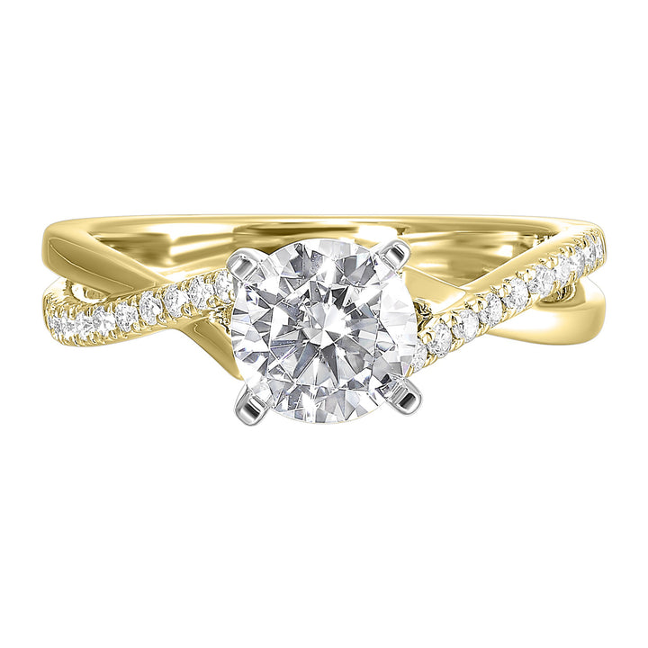 Criss cross ring symbolizing the union of two souls highlighting the gorgeous center solitare and play of diamonds is sure to impress her.