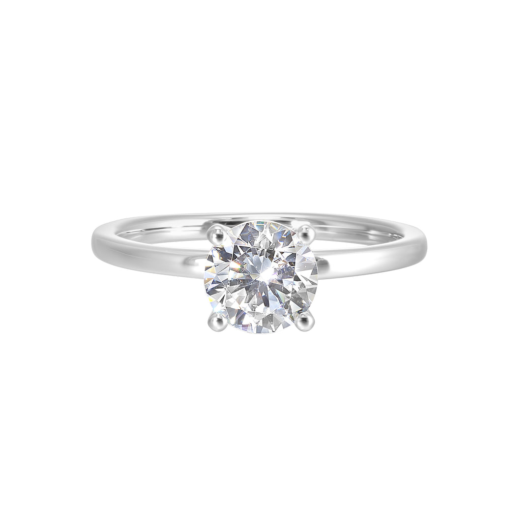 The dazzling solitaire diamond take center stage. The petite band adds to the sleek, classic look.
