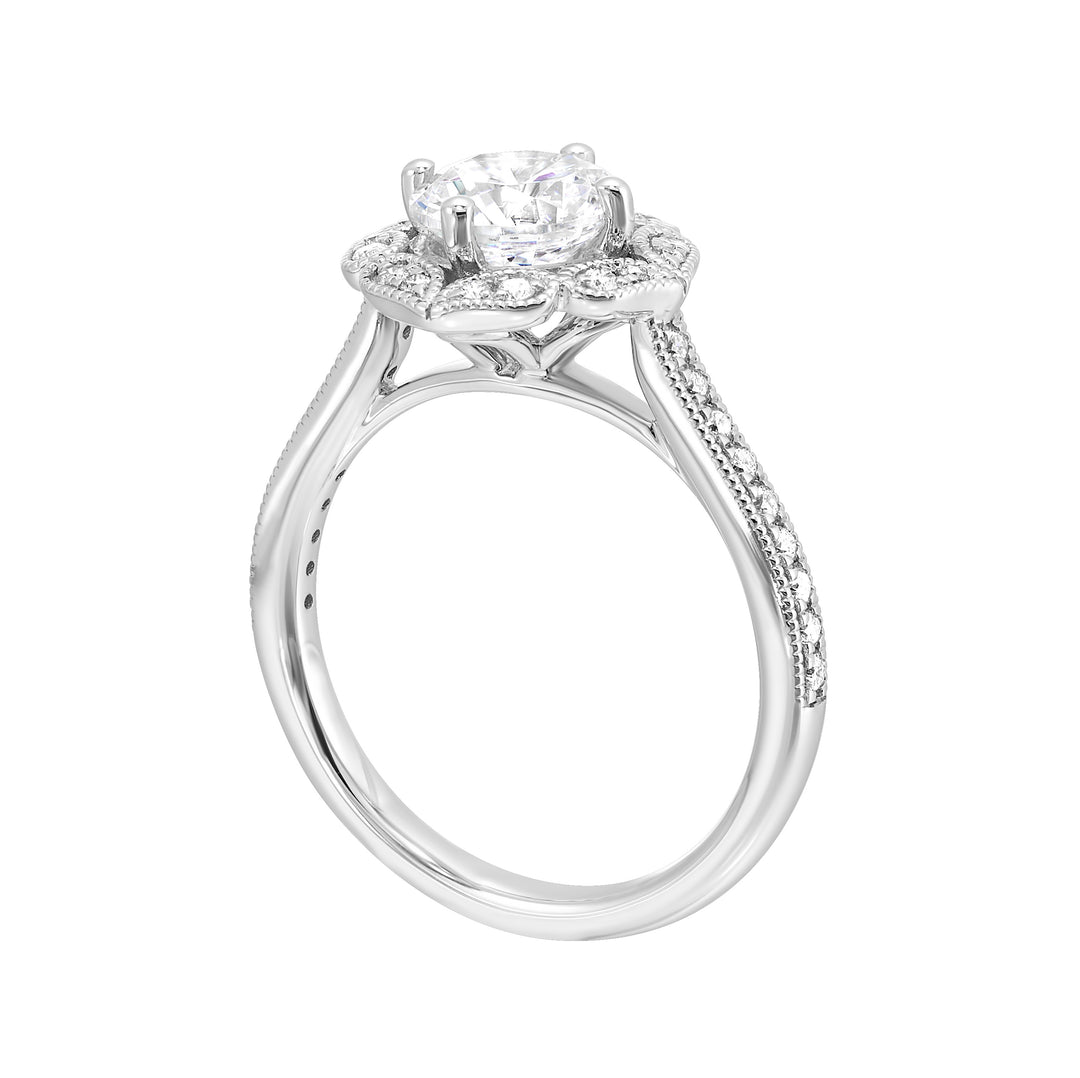 The solitaire ring gets a upgrade with a floral halo and diamond studded shank making your love blossom forever.