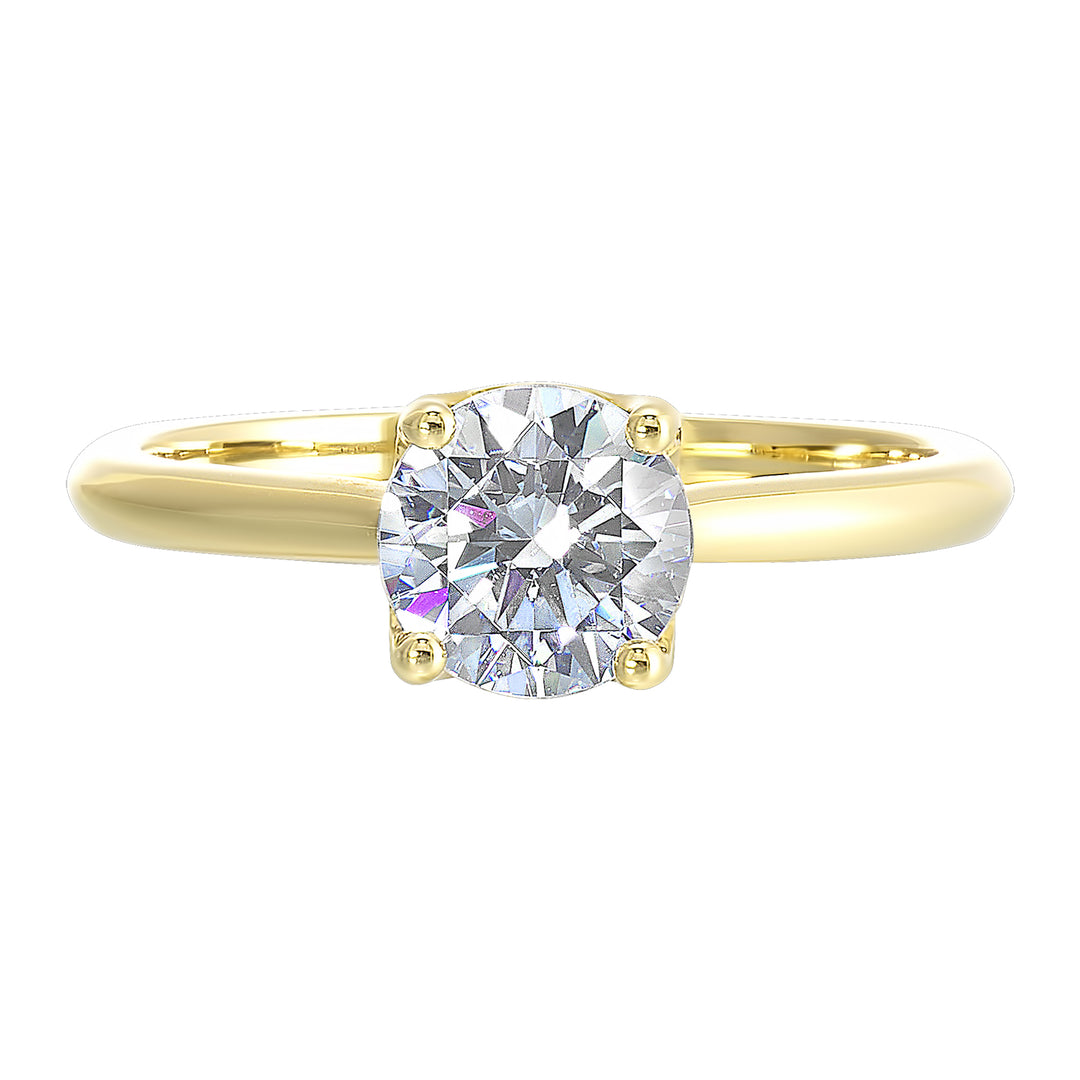 Delicate solitaire ring features a thin metal band that showcases a beaded milgrain in center with added glitters of diamonds in front.
