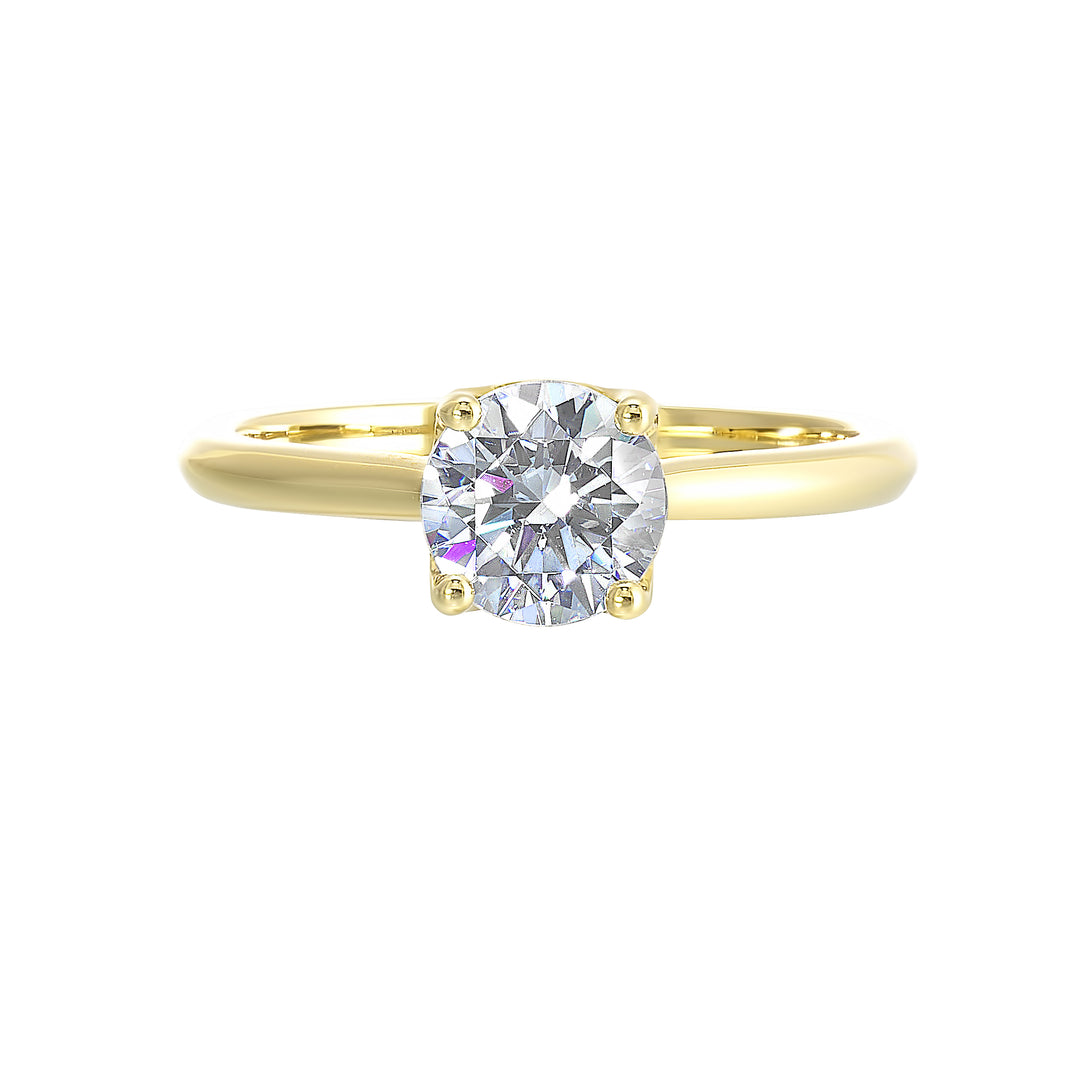 Delicate solitaire ring features a thin metal band that showcases a beaded milgrain in center with added glitters of diamonds in front.