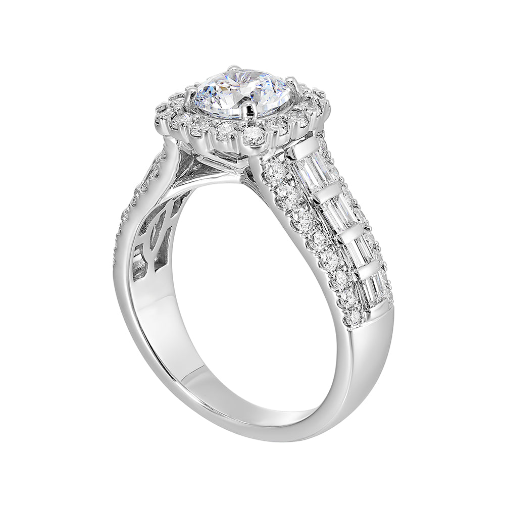 This modern style engagement ring features three rows of pave set diamonds with baugette diamonds in the center row standing out along with a softer cushion halo.
