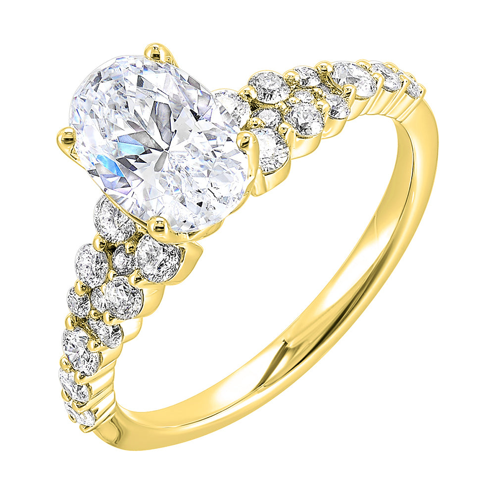 Immerse yourself in the enchanting beauty of this engagement ring highlighting the oval center and unique diamond setting in shank.