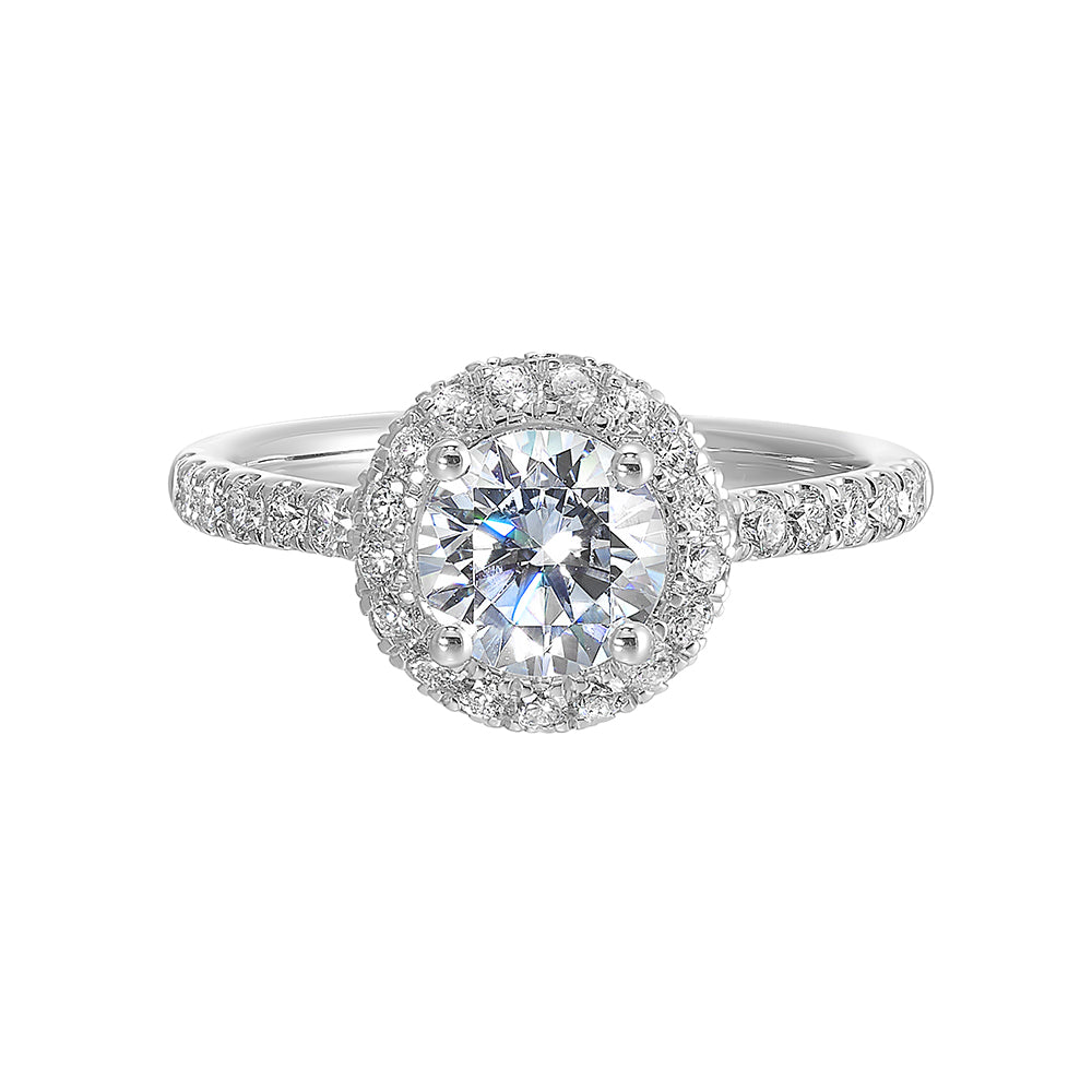 Sparkling center showcases a stunning halo followed by a delicate micro pave shank,  perfect to add sparkles to your evening.
