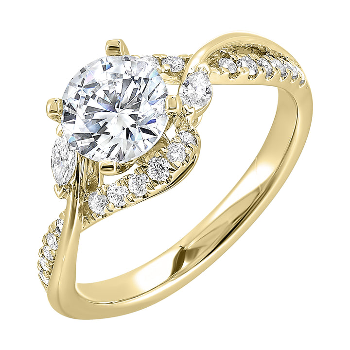 A nature inspired twist on the classic three stone ring. This ring features interwined look with play of pave diamonds and metal.