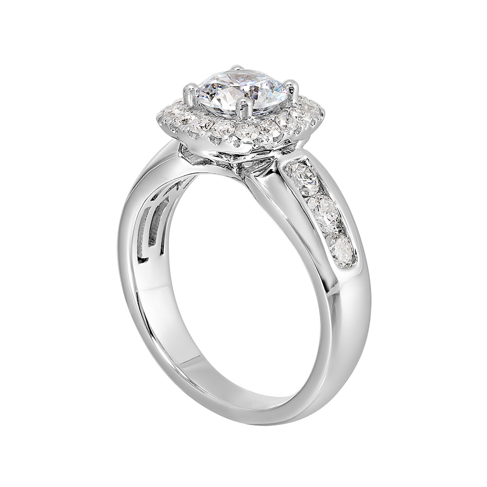 Channel set diamonds wrap this glamorous ring with an addition of cushion halo and solitaire center.