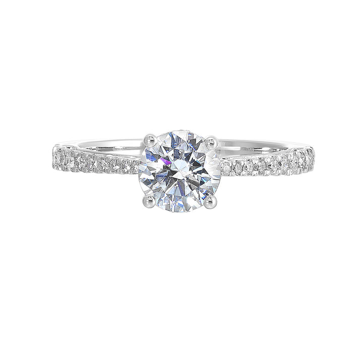 Designed with the perfect pinch on the shank, this pave engagement ring will show off your center stone beautifully with detailed side view.