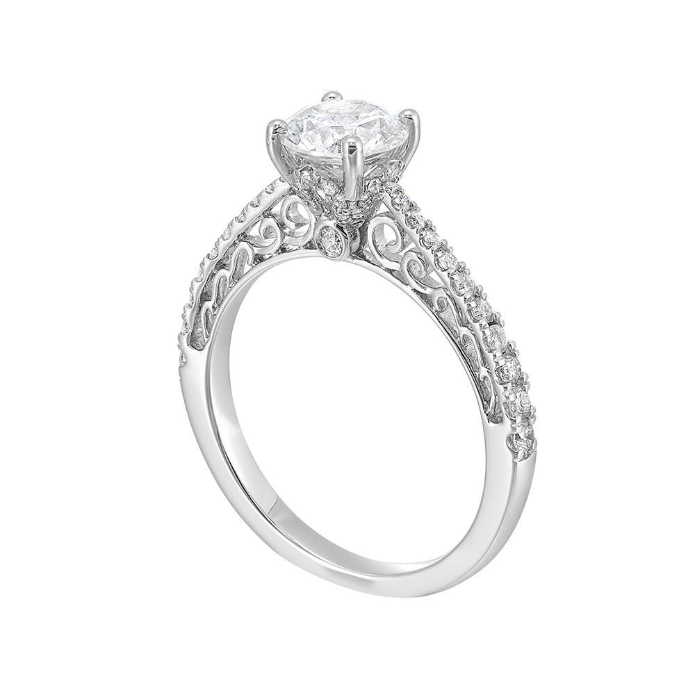 Designed with the perfect pinch on the shank, this pave engagement ring will show off your center stone beautifully with detailed side view.