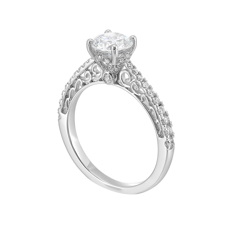Designed with the perfect pinch on the shank, this pave engagement ring will show off your center stone beautifully with detailed side view.