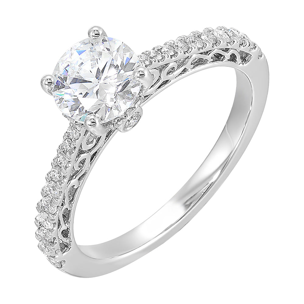 Designed with the perfect pinch on the shank, this pave engagement ring will show off your center stone beautifully with detailed side view.