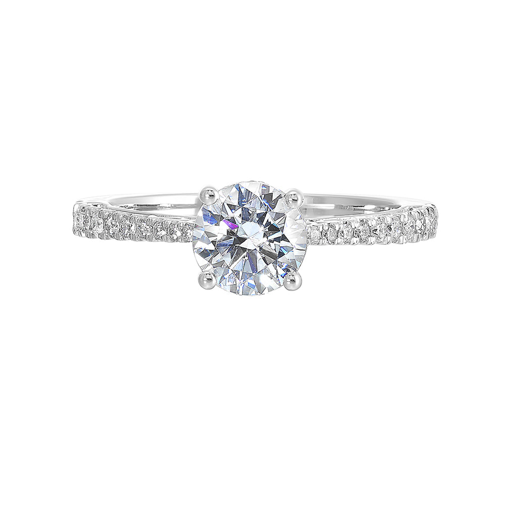 Designed with the perfect pinch on the shank,  this pave engagement ring will show off your center stone beautifully with detailed side view.