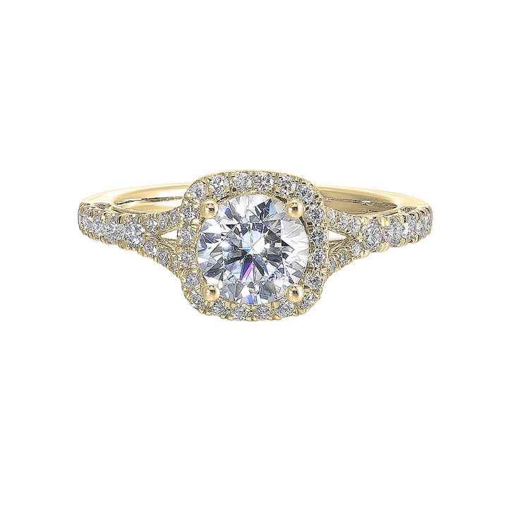 A softened cushion halo of diamonds surrounds the center solitaire with front details.Pave split shank adds a stylish, dazzling look.
