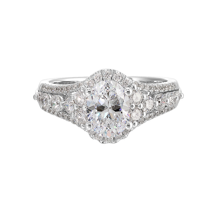 A gorgeous engagement ring featuring three rows of diamonds with bigger diamonds in center and smaller diamonds on the sides gives stunning look.