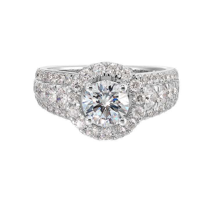 Modern and timeless, three row diamond engagement ring with bigger diamonds in center and a classy halo are sure to catch everyone attention.