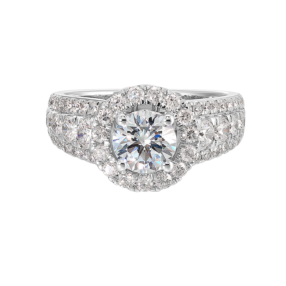 Modern and timeless,  three row diamond engagement ring with bigger diamonds in center and a classy halo are sure to catch everyone attention.