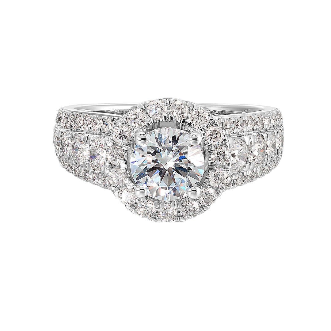 Modern and timeless, three row diamond engagement ring with bigger diamonds in center and a classy halo are sure to catch everyone attention.
