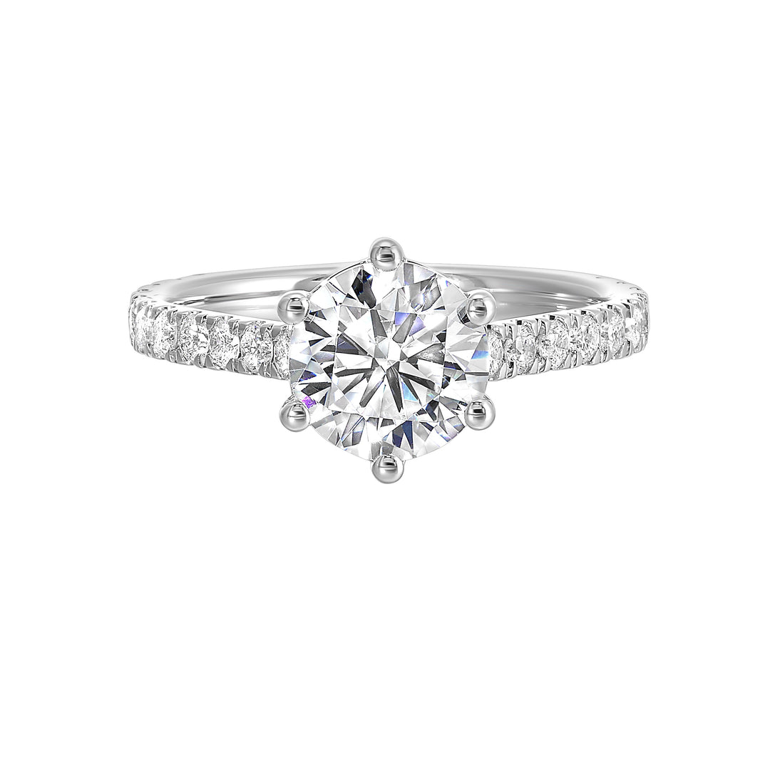 Dainty,  timeless and elegant,  this classic 6 prong solitare diamond engagement ring is a timeless design with petite pave band.