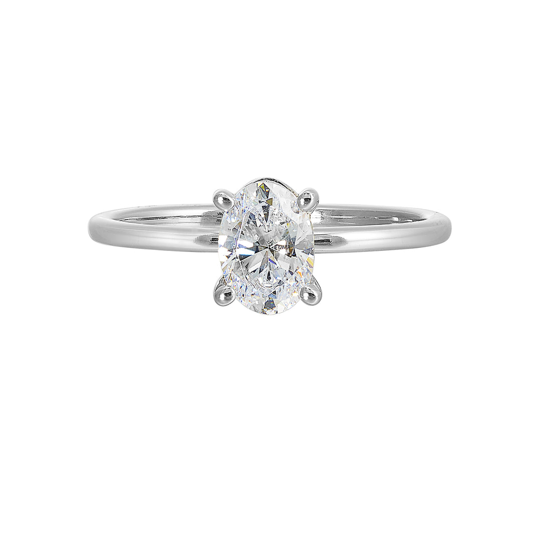 This delightful engagement ring features classic four prong oval solitaire engagement ring. The petite band adds to the sleek, classic look of this ring.