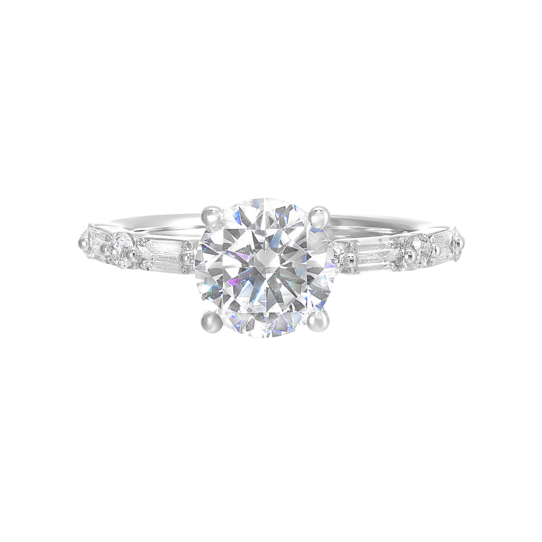 Baguette and round diamond story create a classic,  elegant presentation for the round diamond center.