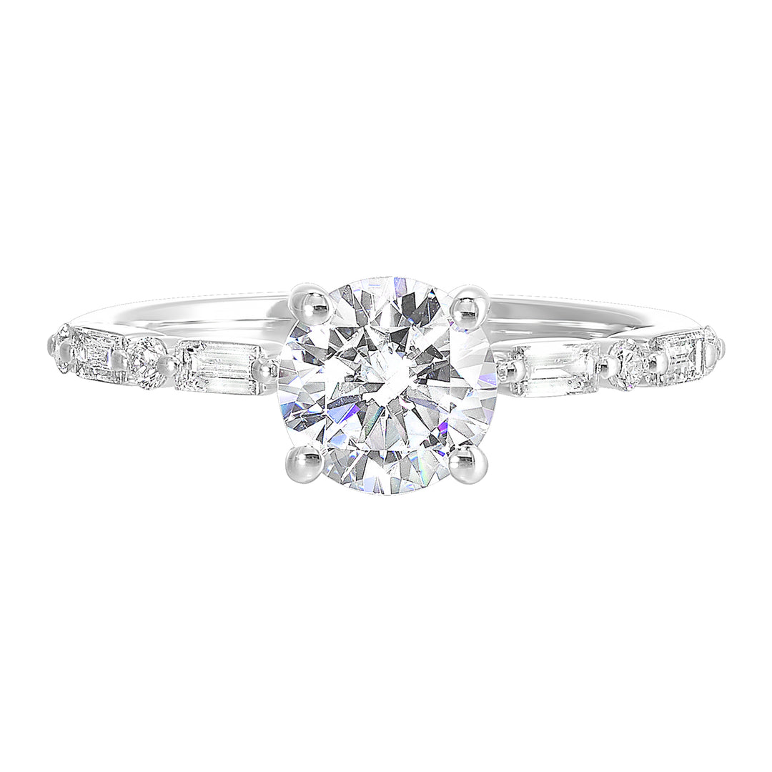 Fancy designed solitaire diamond ring with baugette and round shank details symbolizes everlasting love.