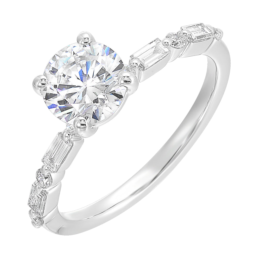 Fancy designed solitaire diamond ring with baugette and round shank details symbolizes everlasting love.