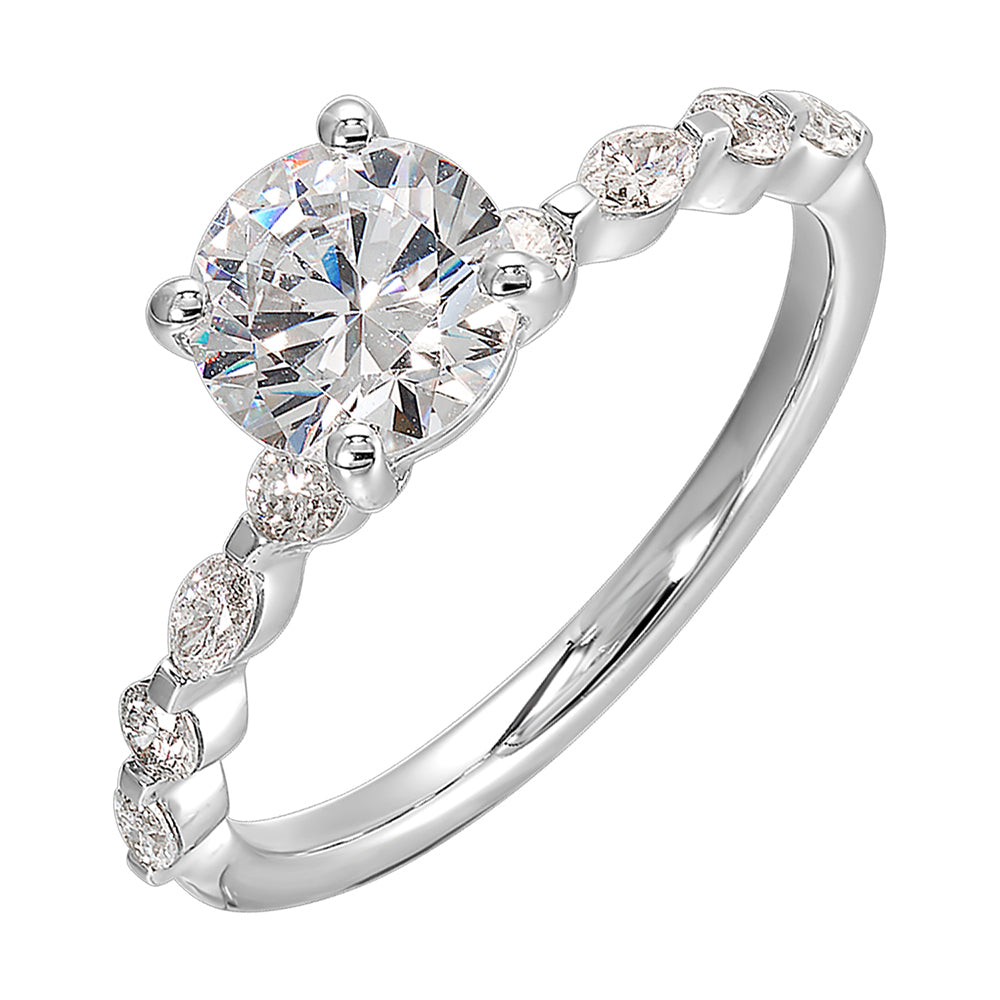 Treasure the special moment forever with marquise and round shape diamond in this sparkling round center engagement ring.