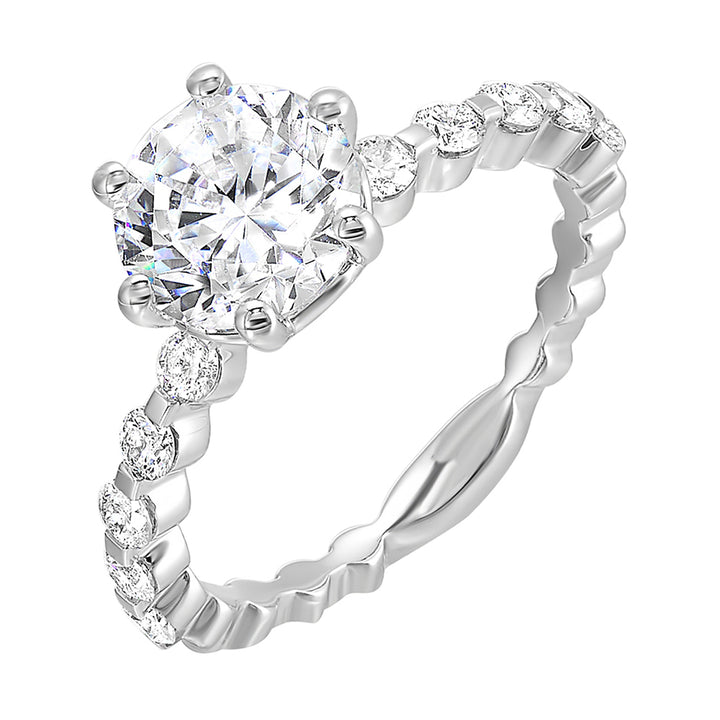 Clean and elegant with diamonds set in a single common prong along the shank shows off perfectly the center diamond set in 6 prong.