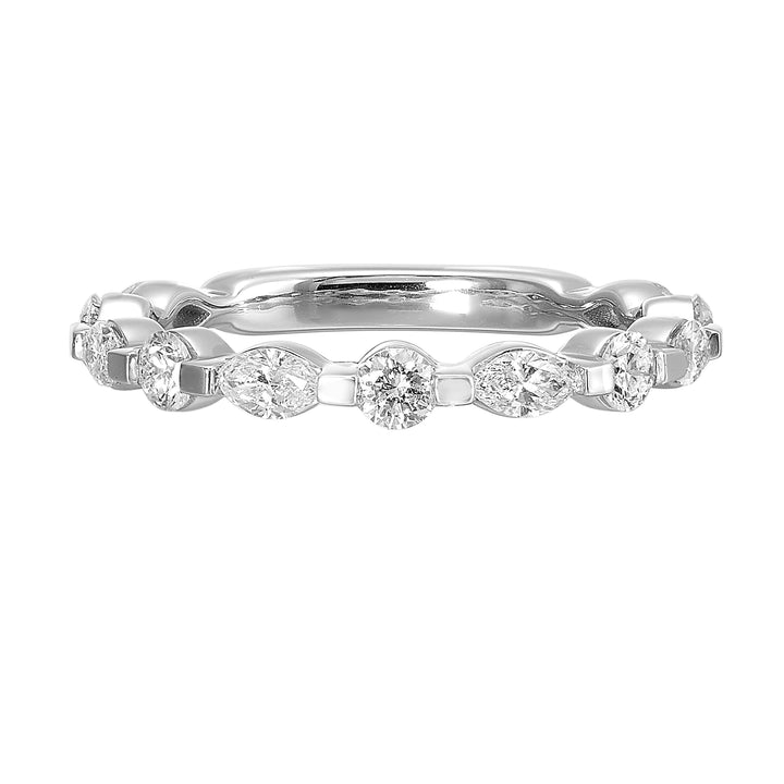 Round and marquise diamonds create an distinctive pattern across the top of this classic band is perfect to stack with ring of your choice.