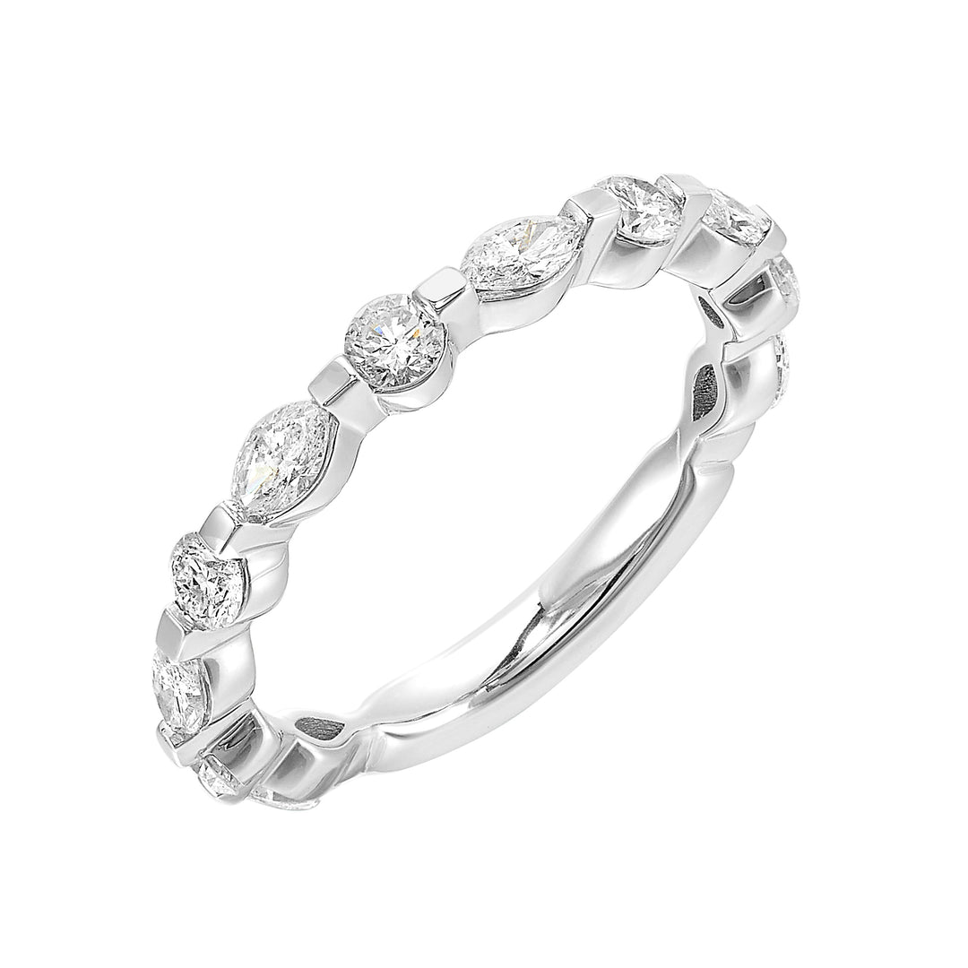 Round and marquise diamonds create an distinctive pattern across the top of this classic band is perfect to stack with ring of your choice.