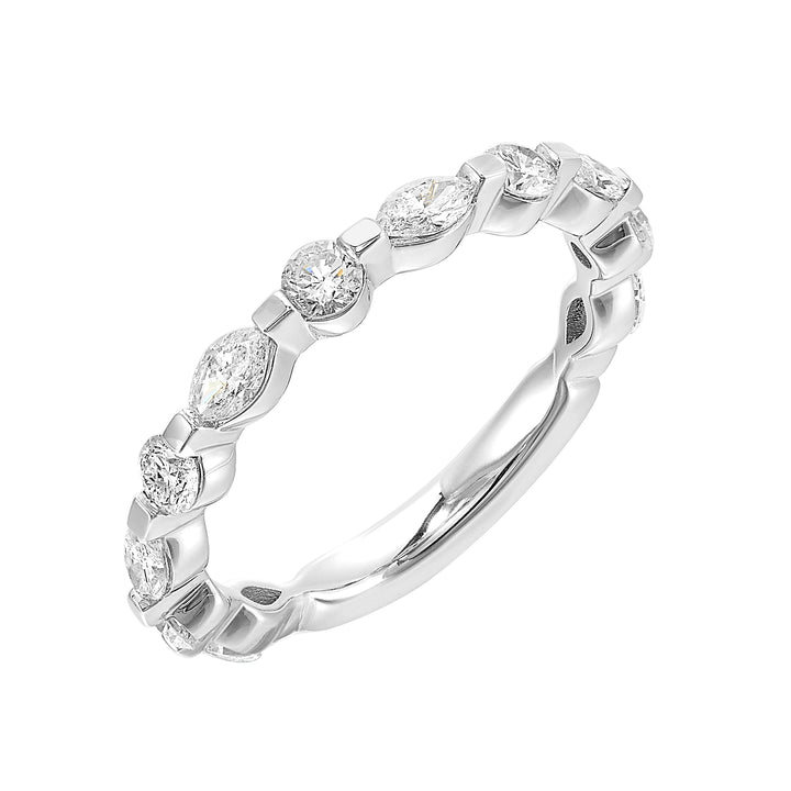 Round and marquise diamonds create an distinctive pattern across the top of this classic band is perfect to stack with ring of your choice.