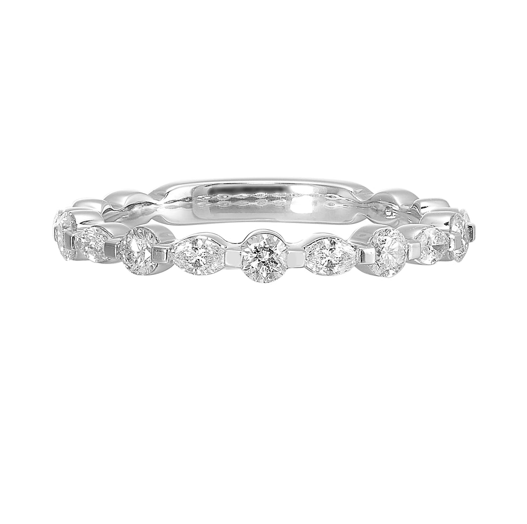 Sparkling marquise and round diamonds dance in harmony on this delicate band,  creating a unique and captivating sparkle with comfort fit inside.