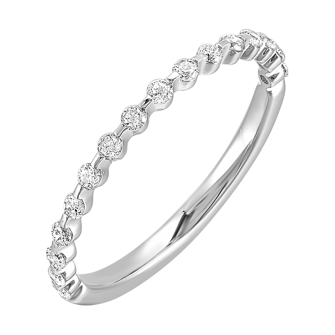 Dazzling round diamond captivates on a delicate band,  enhanced by a single prong setting set half way around the band.