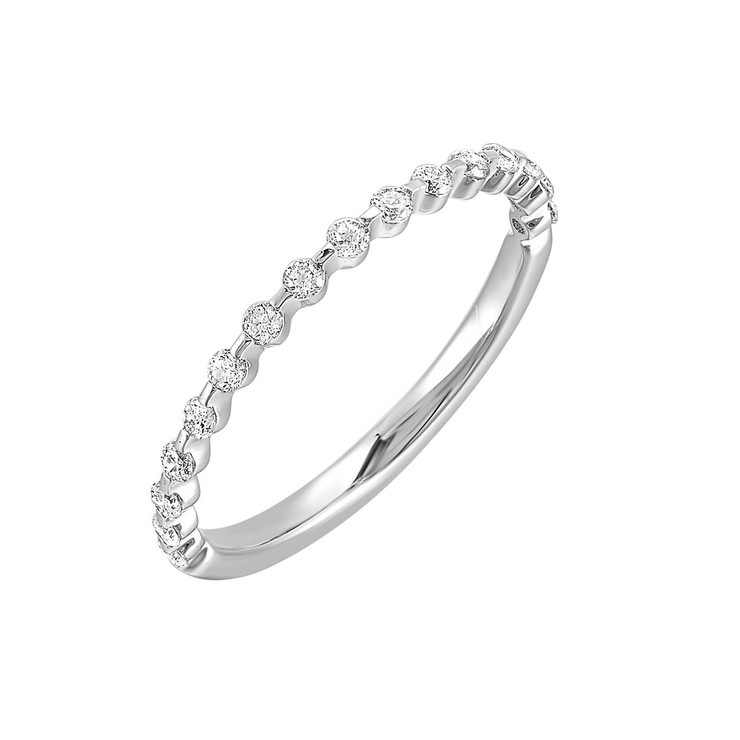 Dazzling round diamond captivates on a delicate band, enhanced by a single prong setting set half way around the band.