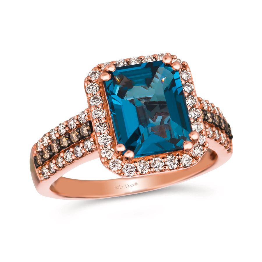 14K STRAWBERRY GOLD DIAMOND LONDON BLUE TOPAZ RING