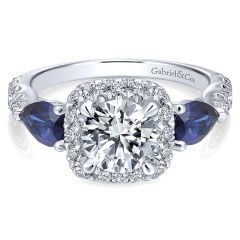 Gabriel&Co. 14K White Gold Diamond ANd SApphire 3 Stones Halo 14K White Gold Engagement Ring ER12617R4W44SA - Front