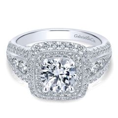 Gabriel&Co. 14K White Gold Diamond Double Pave Halo ANd Milgrain 14K White Gold Engagement Ring ER10103W44Jj - Front